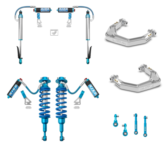 Image of various blue and silver off-road performance parts, featuring the LTW Motorsports 2024+ Toyota Tacoma Mazzulla Stage 3 Mid Travel Kit with King Shocks. Included are Mazzulla Billet control arms, coilovers, and other components, all displayed on a white background. Each part highlights its distinct branding and hydraulic lines.