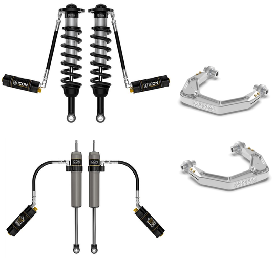 The image showcases LTW Motorsports' 2024+ Toyota Tacoma Mazzulla Stage 3 Mid Travel Kit, featuring ICON coilover front and rear shocks alongside Mazzulla Billet upper control arms. All parts are set against a white background.