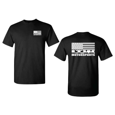 LTW Motorsports' LTW Flag Shirt in black features a small logo on the chest and an American flag above the text "MOTORSPORTS" on the back, ideal for enthusiasts of the classic Flag Shirt design.