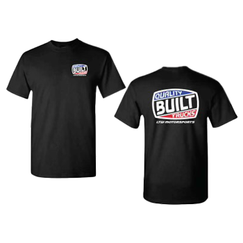 The LTW Quality Built Shirt by LTW Motorsports features a black design with the "Quality Built Trucks" logo prominently displayed on the front left and a larger version on the back. The design is enhanced by striking red, white, and blue colors, accompanied by the text "LTW Motorsports" beneath it.