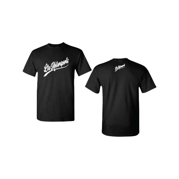 Front and back view of a black LTW Varsity Shirt by LTW Motorsports, featuring white script text that reads "Lou Autosports" across the chest and appears smaller on the upper back, reminiscent of classic styling.