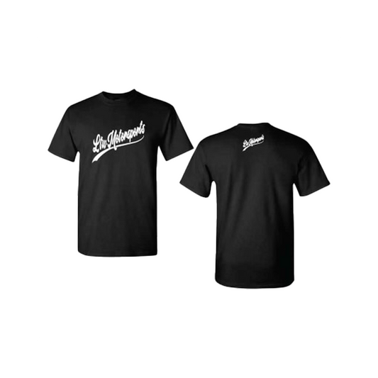 Front and back view of a black LTW Varsity Shirt by LTW Motorsports, featuring white script text that reads "Lou Autosports" across the chest and appears smaller on the upper back, reminiscent of classic styling.