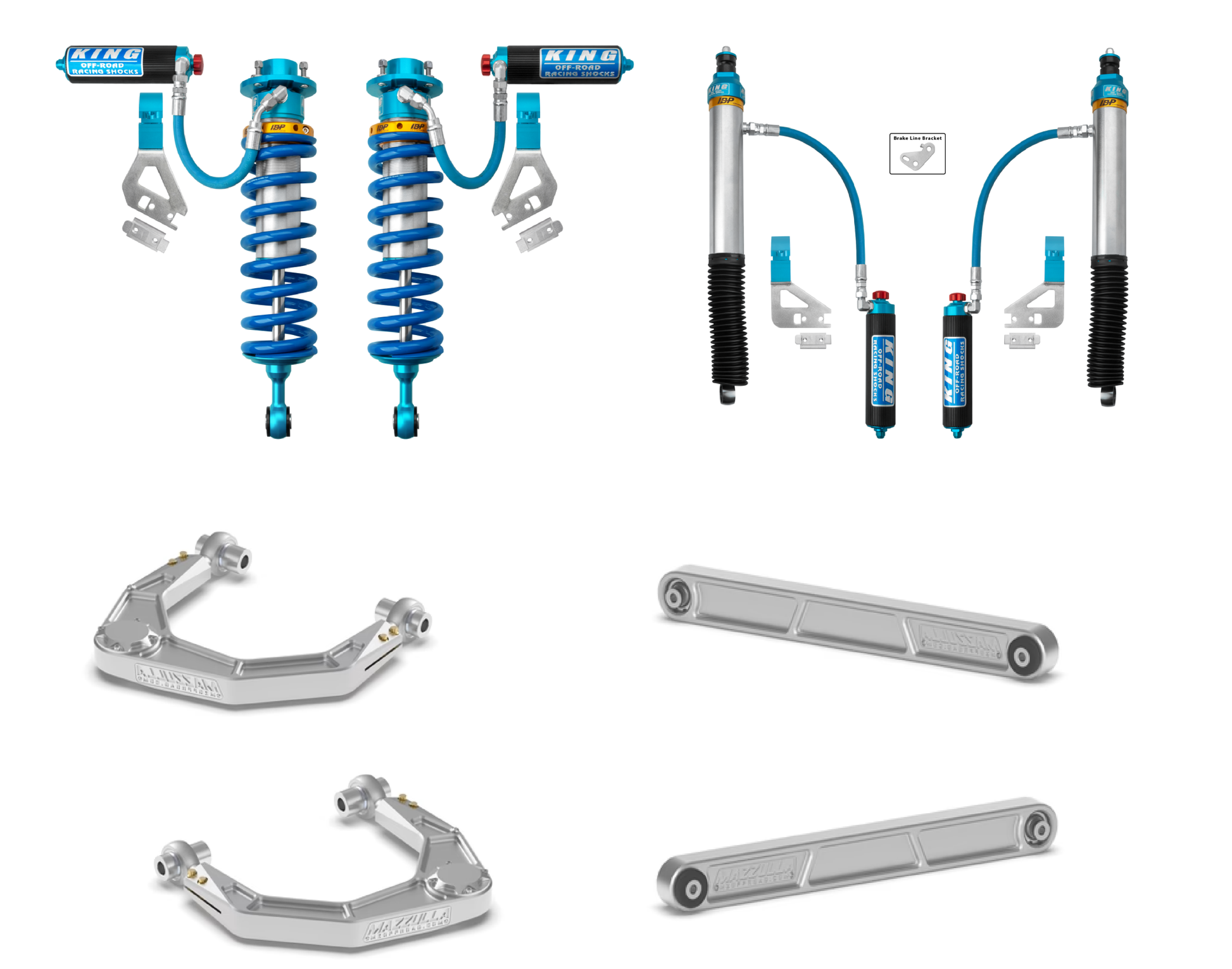 Set against a white background, the 2022+ Toyota Tundra Mazzulla Stage 3 Mid Travel Kit from LTW Motorsports is designed to enhance your vehicle's performance with premium automotive suspension components. This includes two King 3.0 IBP coilover shocks with blue springs, two bypass shocks with reservoirs, Mazzulla Billet silver control arms, and two silver tie rods.