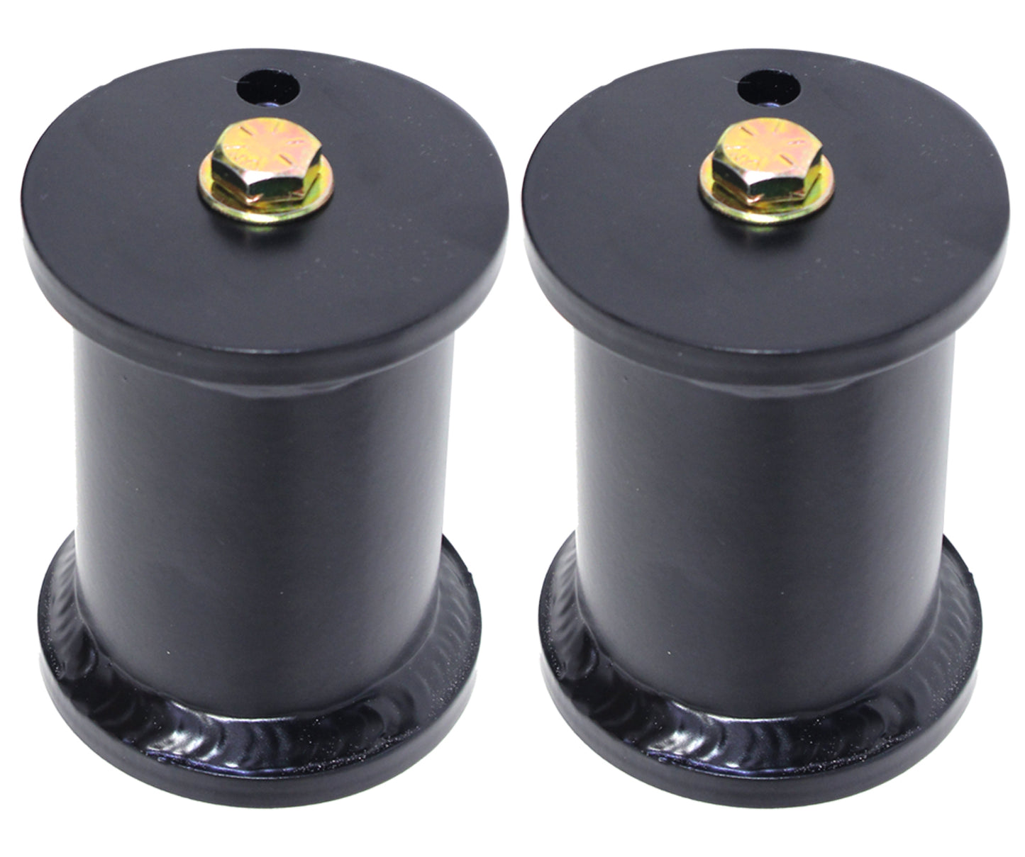 Two black cylindrical objects with flanges and a bolt on top, reminiscent of Carli Suspension, are placed side by side against a white background.