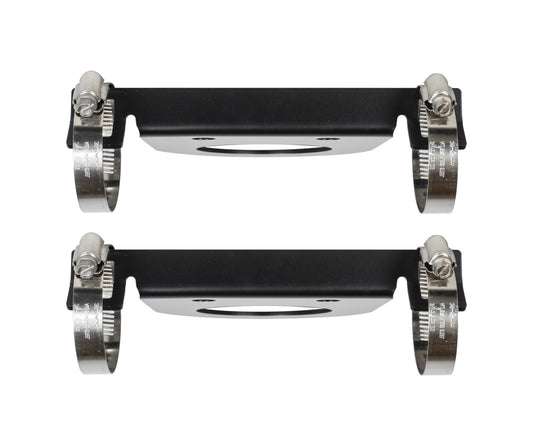 Two metal brackets designed for a Carli Suspension 05-23 Ford F-250/F-350 (4WD) Reservoir Mount 2.0", featuring circular clamps on each end. These parallel-positioned brackets come with a sleek black finish and silver clamps, making them ideal for a Ford F250/F350 reservoir setup.