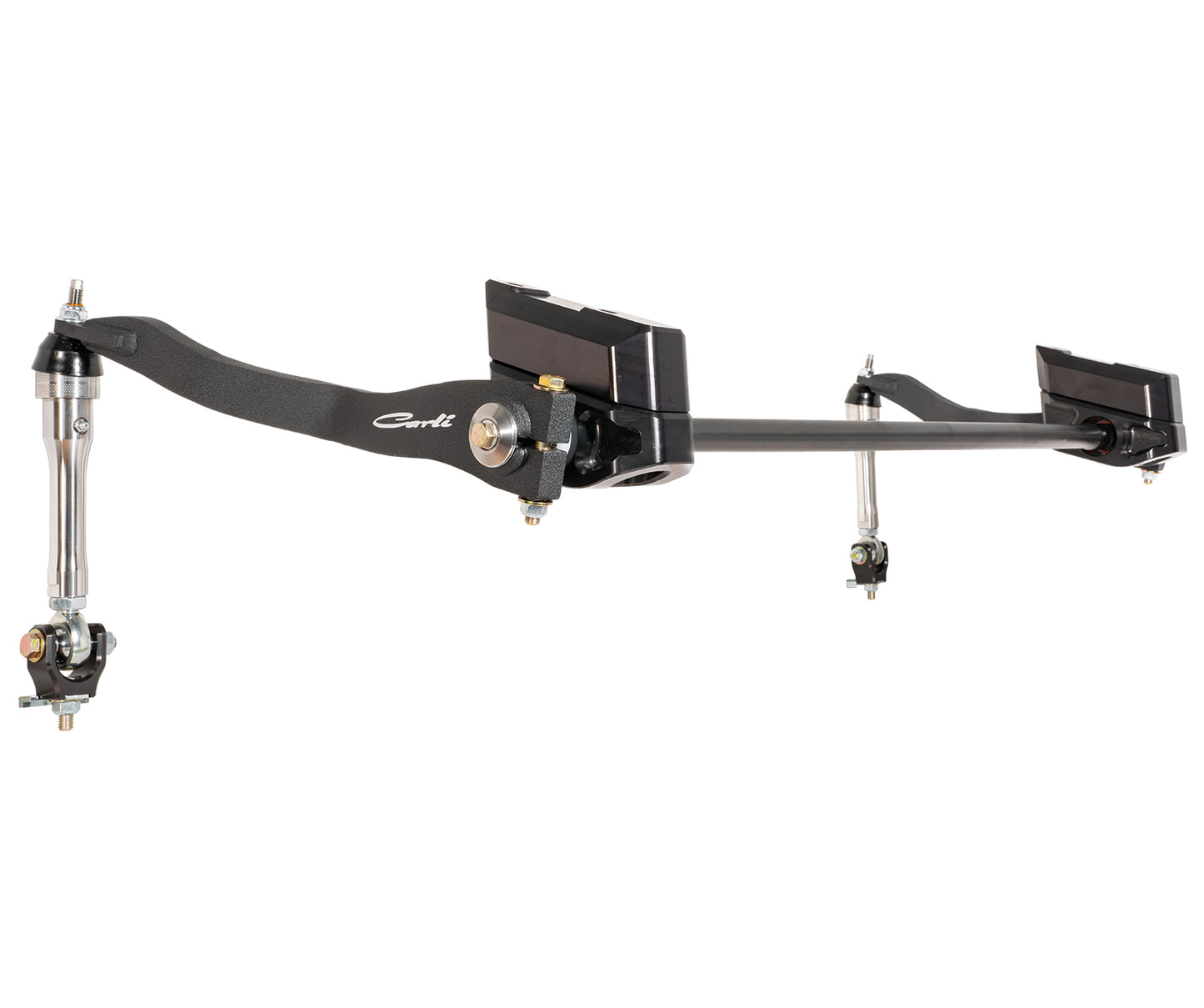 The 11-16 Ford F-250 Super Duty Torsion Sway Bar Kit from Carli Suspension, designed for a 4.5" lift on a 4WD, is displayed with black suspension arms, silver components, and connectors set against a white background. Its design includes intricate mechanical joints and bolts similar to those found in the Carli Torsion Sway Bar Kit for the Ford F250/350.