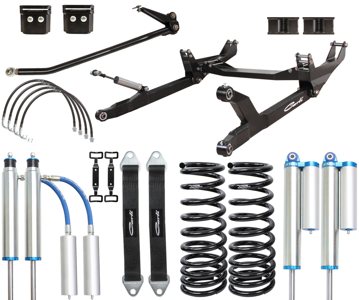 The 03-09 Dodge RAM 2500/3500 (4WD) Carli Suspension 6" Pin Top System is a collection of off-road vehicle suspension parts, such as shock absorbers, springs, control arms, and mounting components. These parts are displayed on a plain white background and feature a blend of metal and rubber elements.