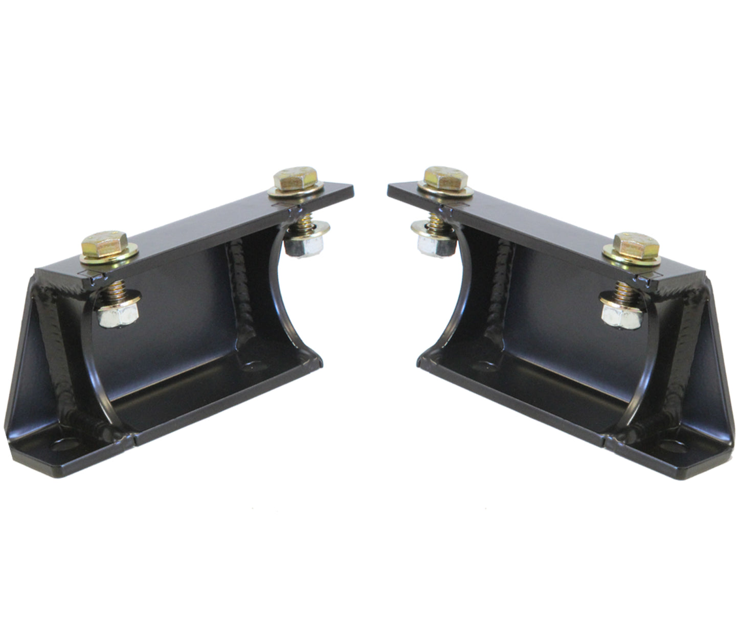 The Carli Suspension sway bar frame drop brackets for an 11-16 Ford F-250/F-350 (4WD) with a 4.5" lift are expertly crafted in black metal, positioned facing each other at a slight angle. Each bracket is equipped with two bolts on the top and bottom to ensure secure attachment, and they boast a glossy finish along with reinforced welded seams for enhanced durability.