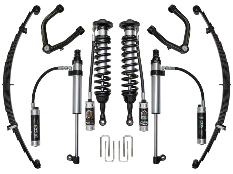 The ICON 2007+ Toyota Tundra 1-3in Stage 9 Suspension System w/Tubular UCA by ICON, featuring billet aluminum upper control arms, Delta Joint coilovers, leaf springs, and uniball-equipped control arms, is displayed symmetrically against a white background.