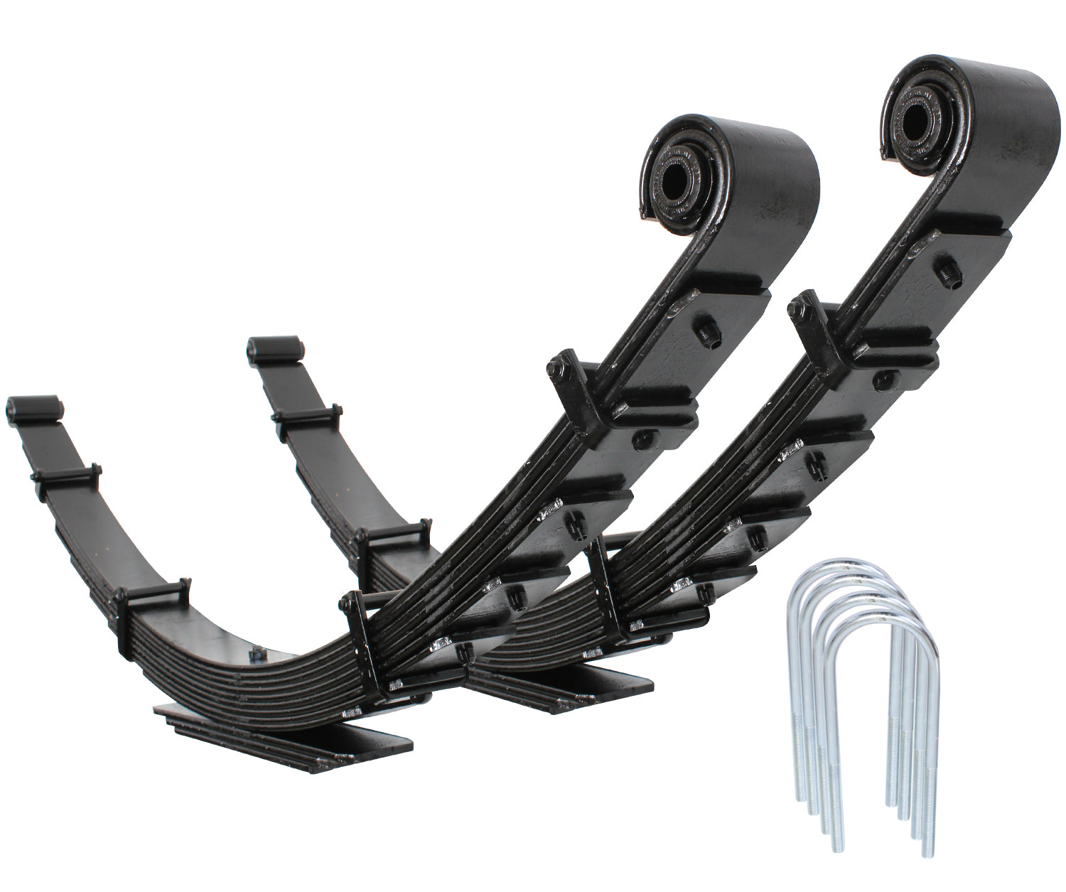 The Carli Suspension 11-16 Ford F-250/F-350 (4WD) XHD +2000LBS Progressive Leaf Spring Kit - 1" Lift, showcased on a white background, includes two black arched metal leaf springs and a set of four U-bolts. This kit is specifically designed to enhance vehicle suspension systems by absorbing and supporting weight, making it perfect for heavy-duty applications while ensuring durability and reliability.