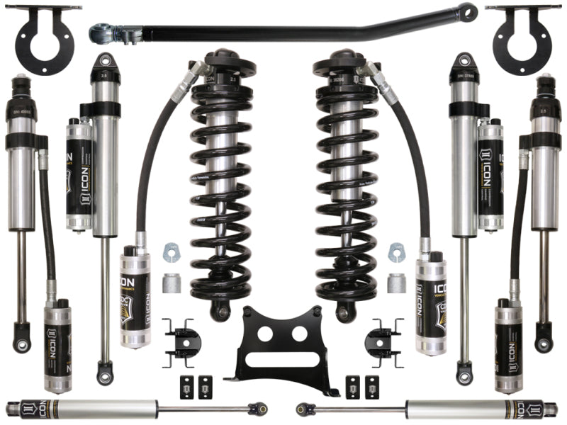 A comprehensive ICON 05-16 Ford F-250/F-350 2.5-3in Stage 5 Coilover Conversion System from ICON, ideal for F-250 and F-350 trucks, includes dual-rate coil springs, shock absorbers with remote reservoirs, and related mounting hardware, all symmetrically arranged on a white background.