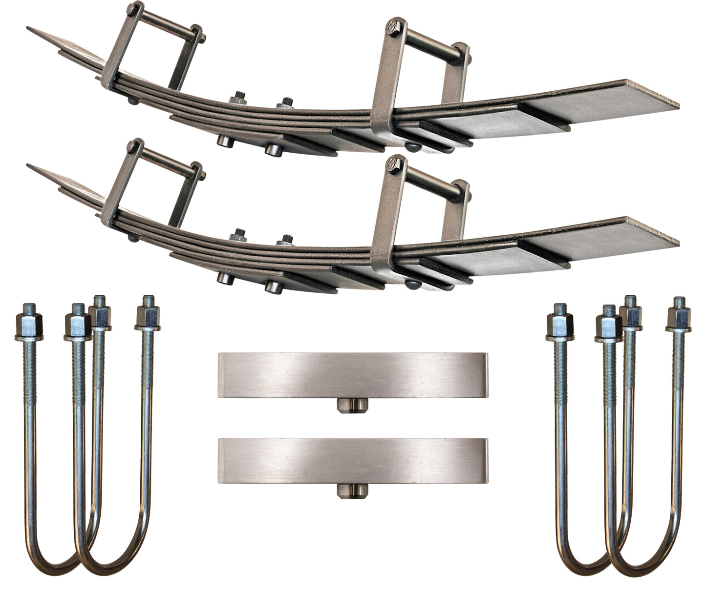 A well-arranged set of components, typically used for truck suspension systems like the Carli Suspension 19-23 Ram 3500 (4WD - Coil/Leaf) Progressive Add-A-Pack Kit - 2" Lift, is displayed on a white background. The set includes two metal leaf springs, two Billet Block Kit components, and four U-bolts with nuts.