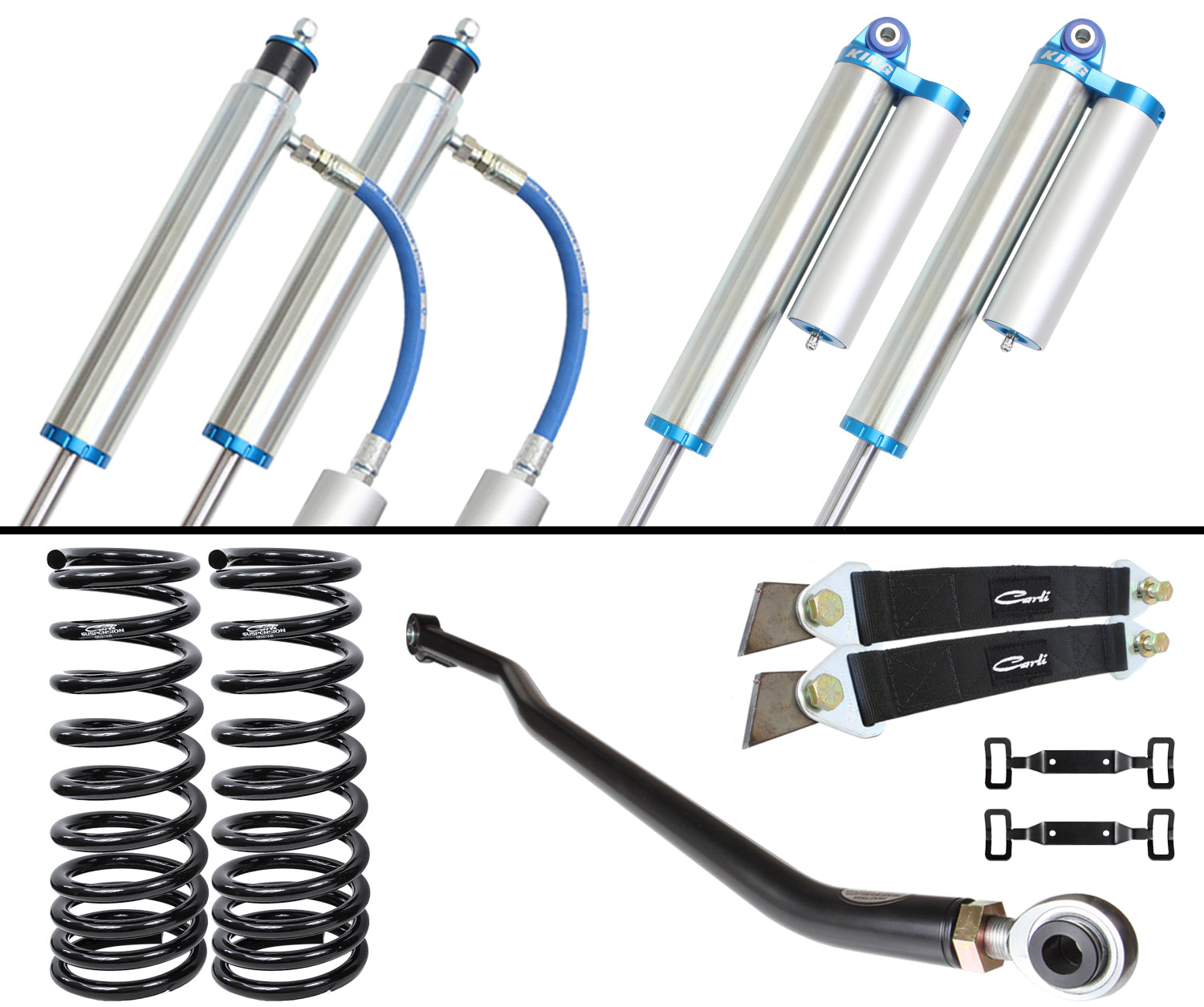 Displayed are car suspension components. The top section features Remote Reservoir King 2.5" shocks with blue hoses, while the bottom section includes two coiled springs, a curved control arm, and two metal brackets with straps. These components belong to the Carli Suspension 03-12 Dodge Ram 2500/03-13 3500 (4WD) Leveling Pintop 2.5 System.