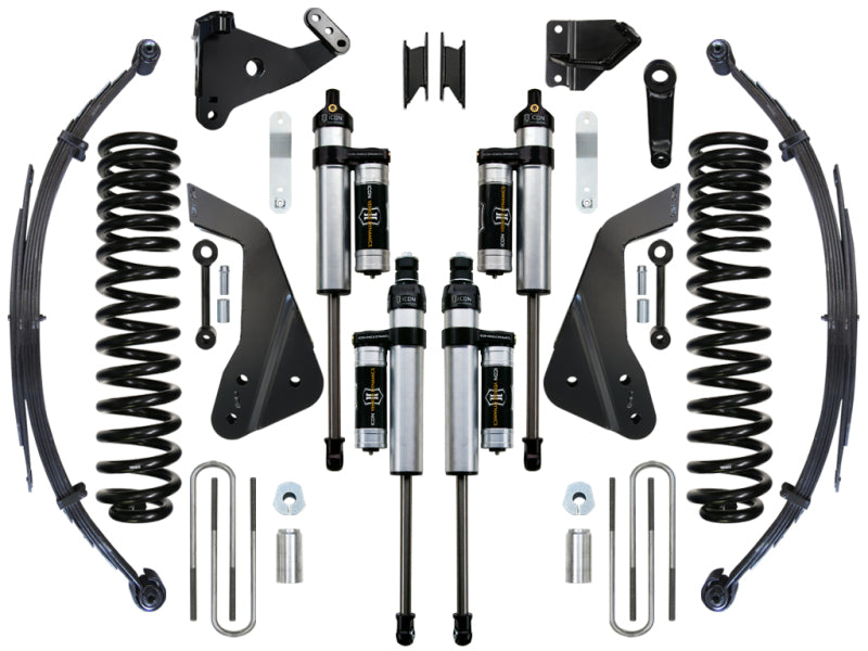 The ICON 7-inch Stage 4 Suspension System, designed to enhance Ford Super Duty performance from models F-250/F-350 years 2008 to 2010, includes leaf springs, coil springs, shock absorbers, brackets, and hardware symmetrically arranged on a white background.