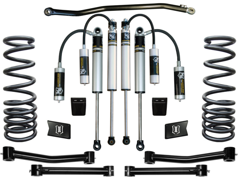 An ICON 03-12 Dodge Ram 2500/3500 4WD 2.5in Stage 3 Suspension System, which includes Remote Reservoir Shocks, four coil springs, two control arms, and additional components from the brand ICON, all displayed neatly on a white background.