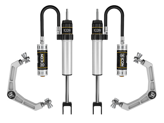 Showcased are two sets of automotive suspension components and shock absorbers: the ICON 2020+ GM HD 0-2in RR Shock System features black fittings labeled "ICON Vehicle Specific," while nearby sit silver upper control arms with adjustable alignment joints from the same product line, designed to enhance performance for the GM 2500HD/3500HD.