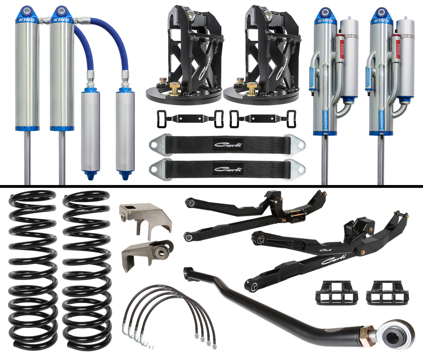 The Carli Suspension collection, featuring the 03-09 Dodge RAM 2500/3500 (4WD) Leveling UNCHAINED Long Arm System for enhanced off-road capability, includes coil springs, shock absorbers, control arms, brackets, hoses, and other related parts. The items are arranged neatly on a plain white background.