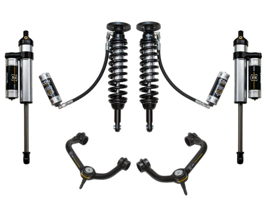 The ICON 09-13 Ford F-150 2WD Stage 4 Suspension System features two black coilovers, two remote reservoir shocks, and two Delta Joint upper control arms with superior corrosion resistance. This setup is displayed symmetrically on a white background.