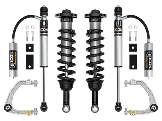 The ICON 2022+ Toyota Tundra 1.25-3.5in Stage 5 Suspension System (BILLET), designed for superior off-road performance, includes two coiled shocks, two regular shocks, upper control arms, and various mounting hardware. All components are perfectly arranged on a white background to highlight this outstanding suspension system from ICON.