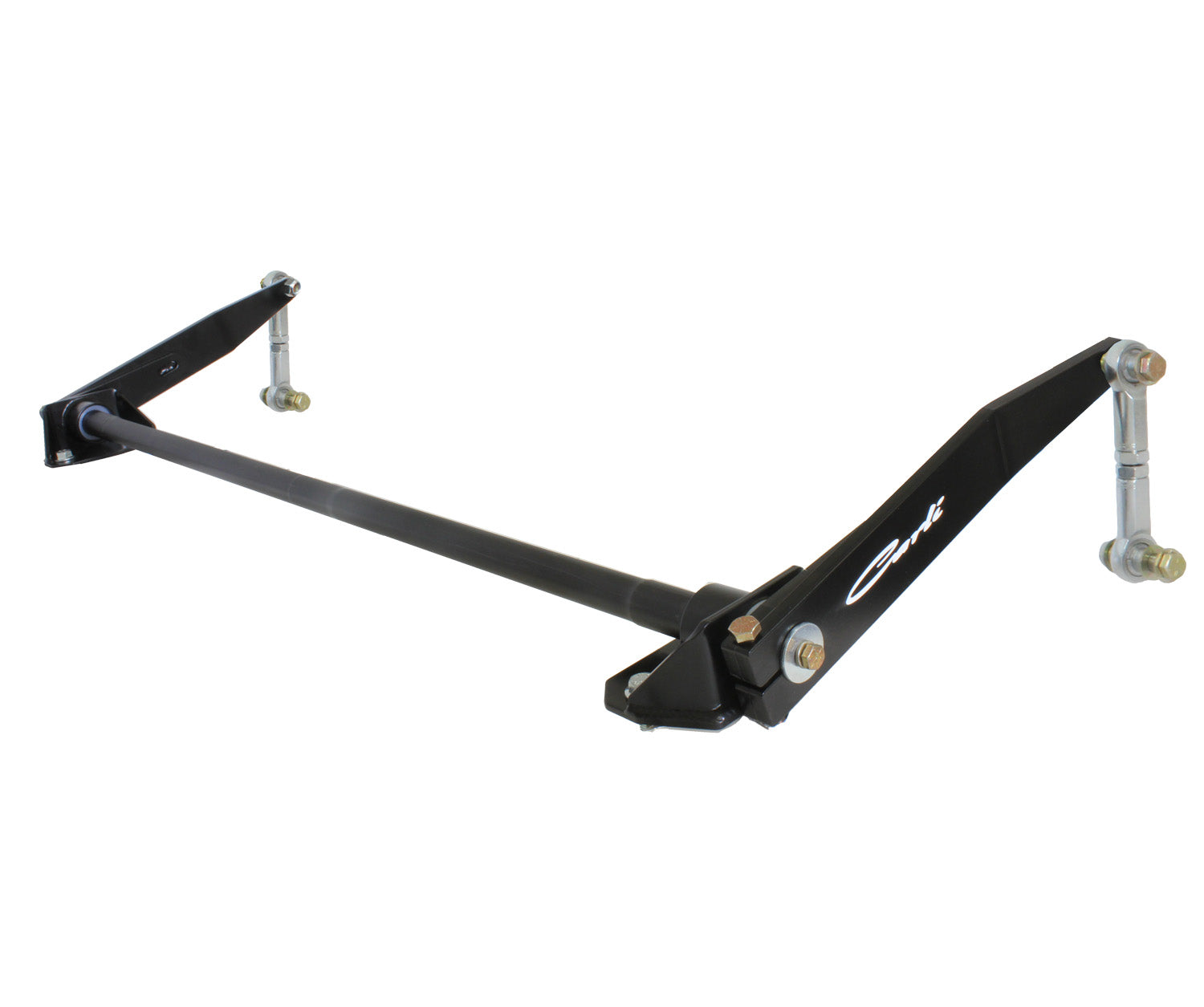 A Carli Suspension 03-13 Dodge RAM 2500/3500 (4WD) Torsion Sway Bar, suitable for stock to 3" lift systems, featuring adjustable arms and connecting bolts. This black sway bar is designed to stabilize trailers and includes a small white logo on the arm.