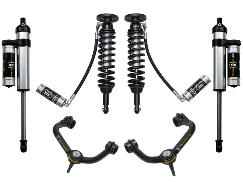 A collection of automotive suspension components from ICON, featuring the 09-13 Ford F-150 2WD Stage 3 Suspension System with a height adjustment range of 1.75-2.63 inches, includes two coilover springs paired with shock absorbers and reservoirs, as well as two tubular upper control arms equipped with Delta Joints, all symmetrically arranged against a white background.