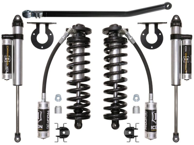 The ICON 05-16 Ford F-250/F-350 2.5-3in Stage 3 Coilover Conversion System consists of high-performance ICON 2.5 VS Series components, including a pair of coilover shocks with remote reservoirs, two shock absorbers with external reservoirs, a track bar, and an assortment of mounting hardware pieces, all showcased on a white background.