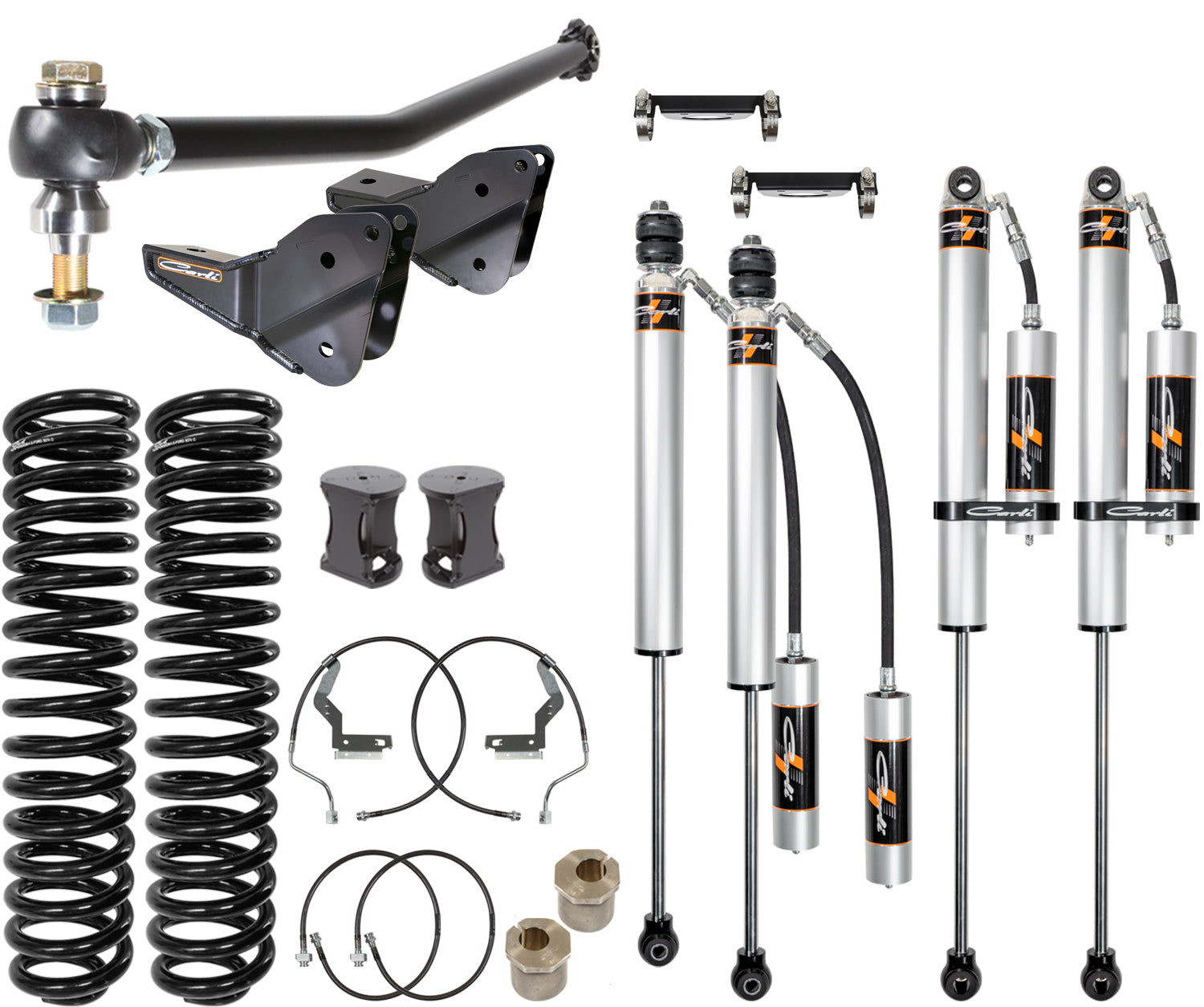 The 23+ Ford F-250/F-350 (4WD) DIESEL 5.5" BACKCOUNTRY SYSTEM by Carli Suspension includes a comprehensive set of off-road suspension lift kit components such as coil springs, Carli-Tuned shocks, control arms, brackets, spacers, and cables. These parts are arranged on a white background to emphasize their design and functionality.