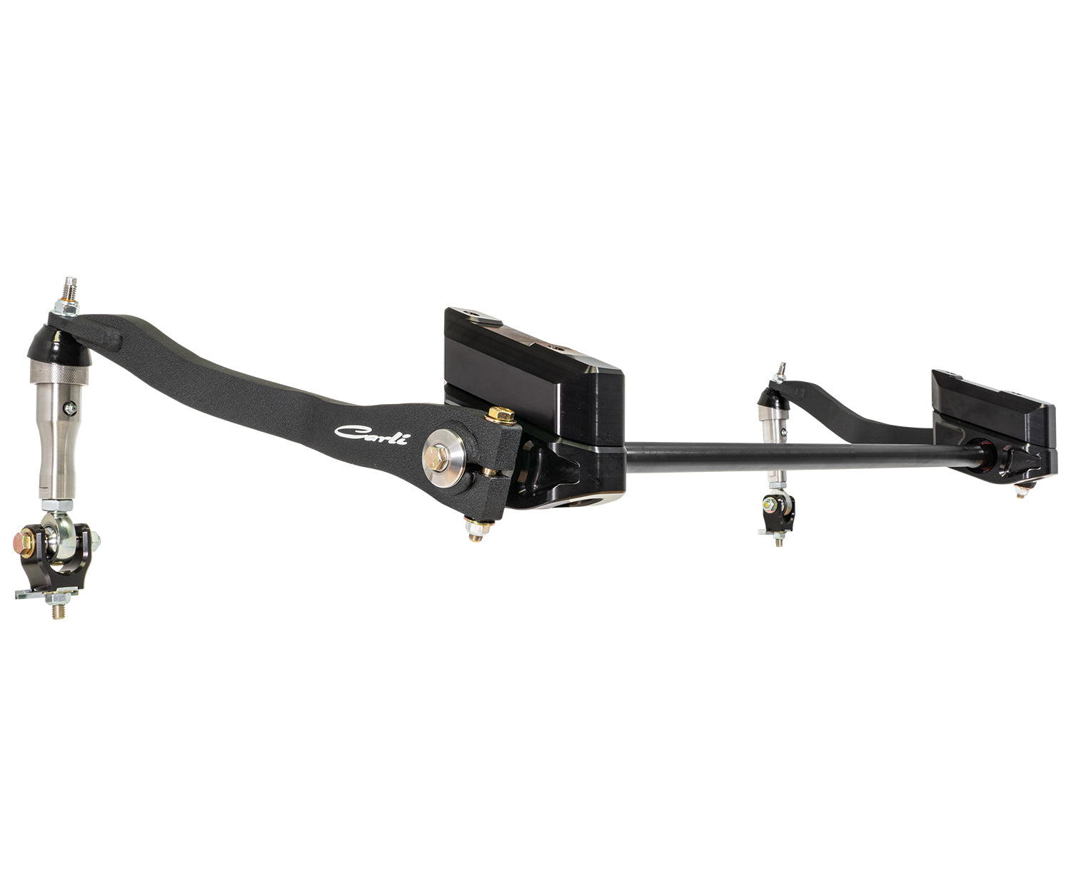 A suspension system component, similar to the Carli Suspension 11-16 Ford F-250/F-350 (4WD) Torsion Sway Bar Kit for a 2.5" lift, features a black metal frame with shock absorbers and mounting brackets. It's designed for vehicle suspension, with customizable parts and joints visible.