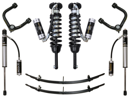 The ICON 05-15 Toyota Tacoma 0-3.5in/2016+ Toyota Tacoma 0-2.75in Stage 4 Suspension System with Tubular Upper Control Arms includes durable vehicle suspension components such as coilover shocks, leaf springs, and versatile upper control arms featuring Delta Joint technology. The components are symmetrically arranged and come with adjustable reservoirs to enhance performance, prominently displaying the ICON brand on the shocks.