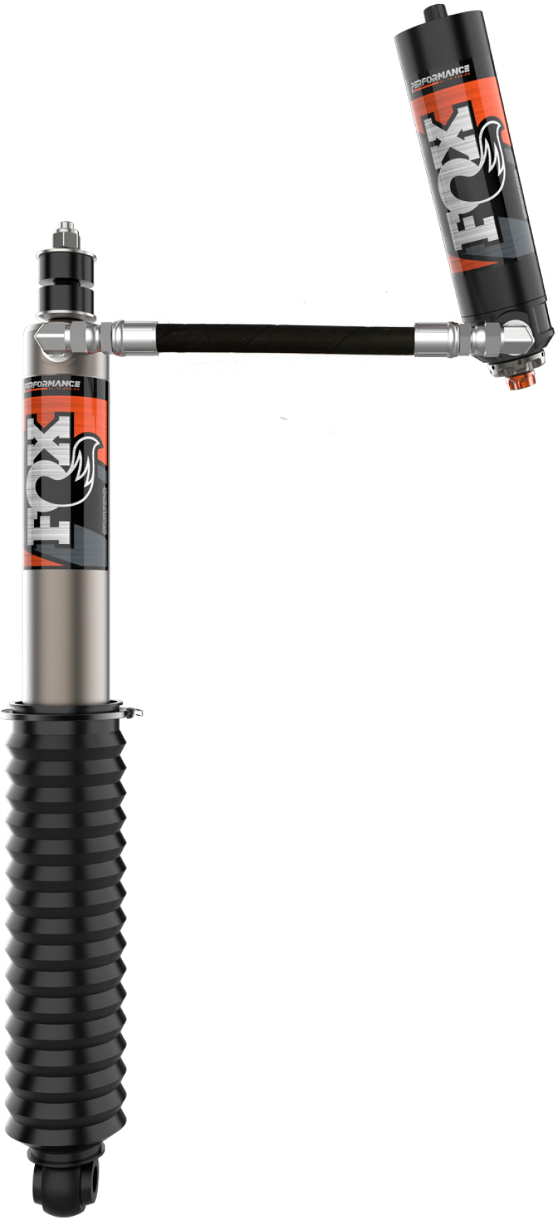 Shown is an image of the Fox 2022+ Toyota Tundra 0-1.5in Lift Rear Performance Elite Series 2.5 Reservoir Shocks - Adjustable, featuring an aluminum body with a remote reservoir. The shock presents a gray metallic finish and is equipped with a black accordion-style boot. Connected by hose, the cylindrical reservoir displays FOX branding, underscoring its high-performance shocks lineage.