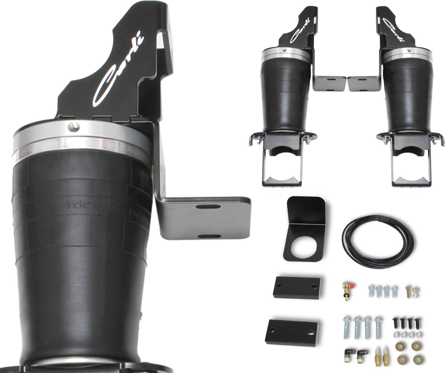 The Carli Suspension 12-13 RAM 2500/3500 (4WD) Diesel Long Travel Air Bag System, designed for a 1-2" rear lift, features black air springs labeled "Cord" and comes with two mounts, various nuts, bolts, a cable, and brackets.