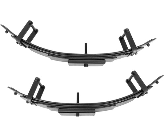 Two black Carli Suspension leaf springs with brackets, specifically the 05-07 Ford F-250/F-350 (4WD) PROGRESSIVE ADD-A-PACK for improved ride quality, are aligned horizontally against a white background.