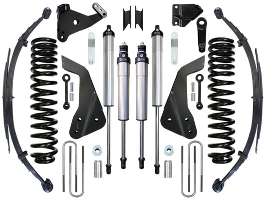 A collection of ICON suspension parts for the 08-10 Ford F-250/F-350, featuring the 7in Stage 3 Suspension System with performance elements like lift dual rate coil springs, shock absorbers, leaf springs, and various brackets and fasteners, arranged symmetrically on a white background.