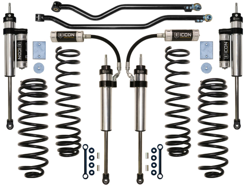 A display featuring the ICON 07-18 Jeep Wrangler JK 3in Stage 4 Suspension System, which includes dual rate springs, Aluminum Series shocks, and hardware components. The ICON branding is visible on some parts, all of which are symmetrically arranged on a white background.