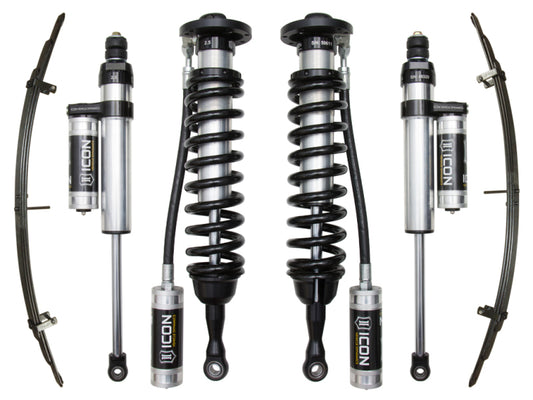 The ICON 2007+ Toyota Tundra 1-3in Stage 4 Suspension System includes coilover shocks with springs, external reservoirs, and leaf springs to boost off-road performance. Each component is finished in silver and black and proudly displays the "ICON" logo.