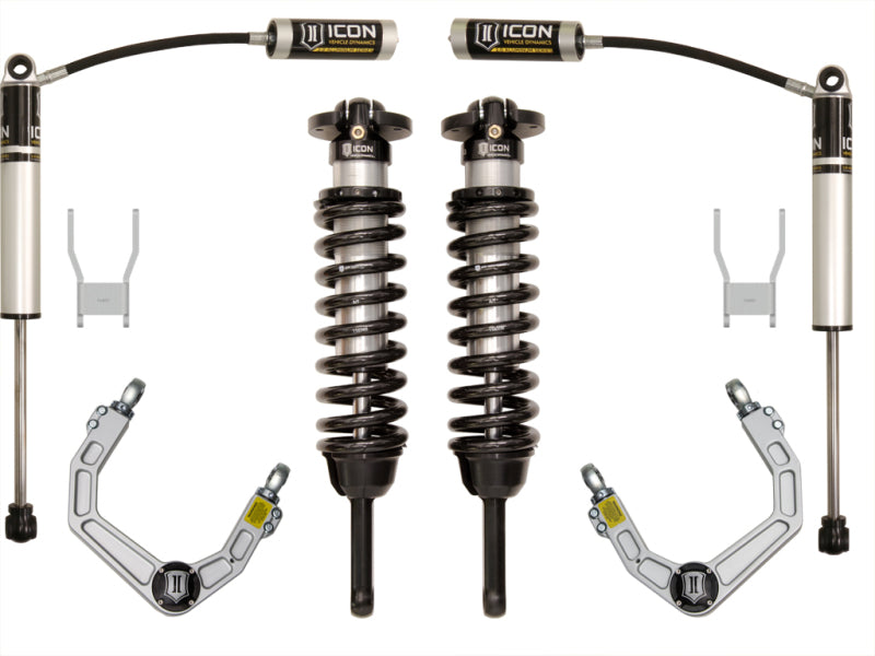 Introducing the ICON 05-11 Toyota Hilux 0-3in Stage 3 Suspension System w/Billet UCA by ICON, an ideal solution for enhancing your Toyota Hilux's off-road capabilities. This set includes two coilover shocks with springs, two hydraulic shocks, and two control arms, all showcased perfectly against a white background.