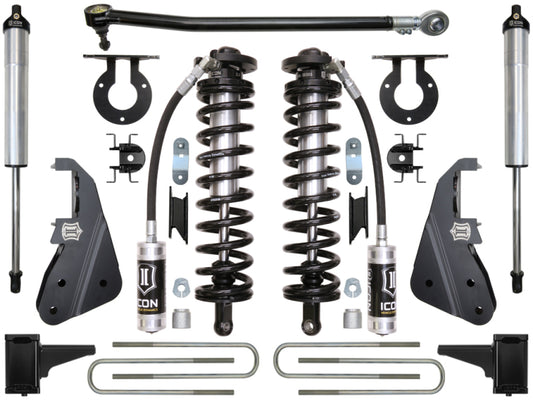 Introducing the ICON 2017+ Ford F-250/F-350 4-5.5in Stage 2 Coilover Conversion System, a premium suspension kit by ICON for Ford Super Duty vehicles, which includes coilover conversions with two coil springs, sleek black and silver shock absorbers, mounting brackets, U-bolts, and additional hardware symmetrically arranged on a white background.