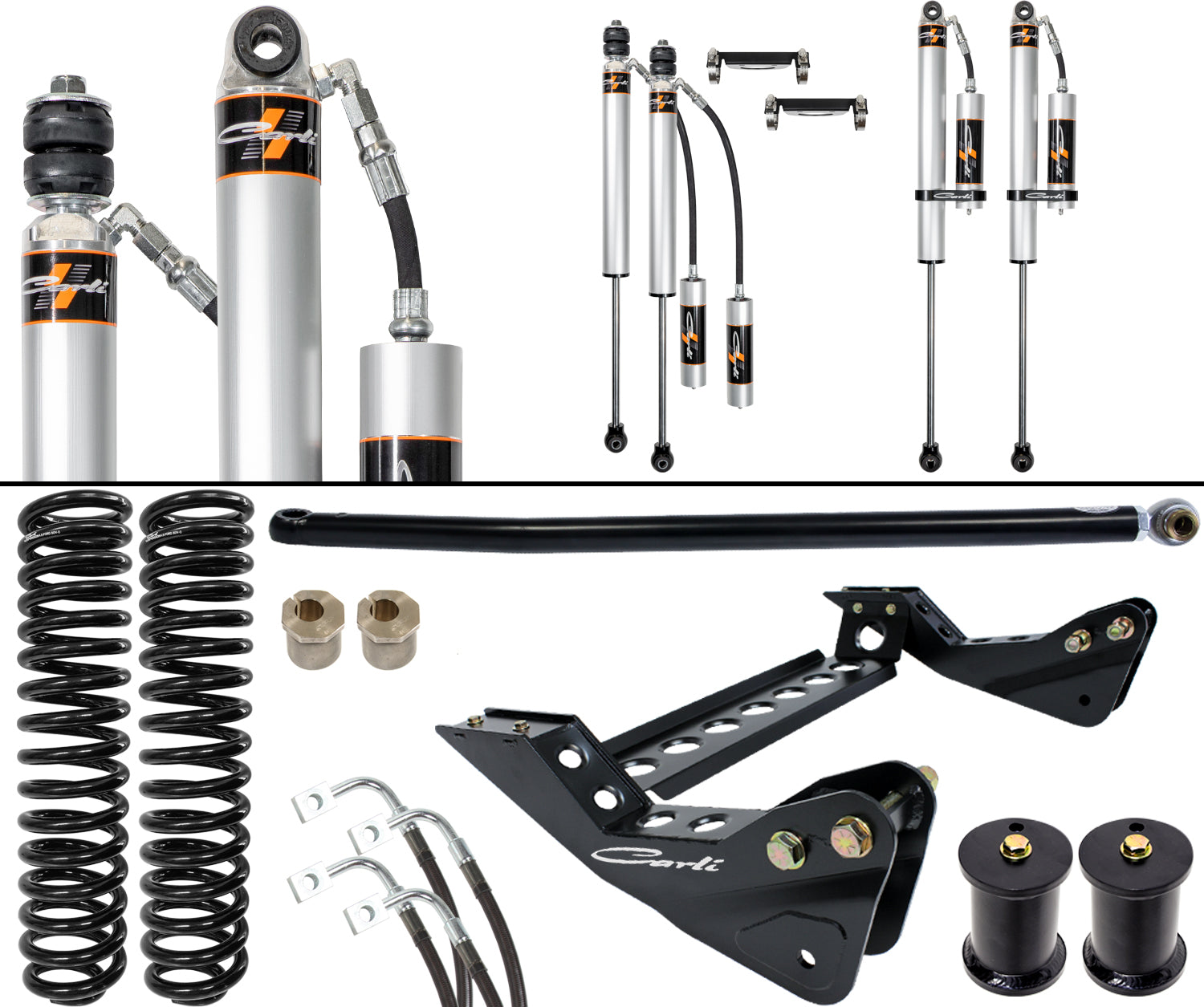 The 08-10 Ford F-250/F-350 (4WD) DIESEL 4.5" LIFT BACKCOUNTRY SYSTEM by Carli Suspension includes assorted suspension components for an off-road vehicle, featuring Carli-Tuned shock absorbers, coil springs, sway bars, and mounting hardware, all designed for a 4.5" lift and displayed against a white background.