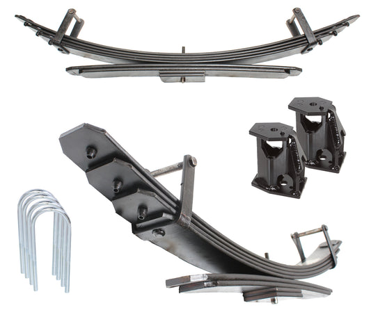 The Carli Suspension Progressive Add-A-Pack for the 2017-23 Ford F-250/F-350 (4WD), featuring curved springs, is crafted for robust suspension systems. It includes angular brackets with mounting holes and U-bolts to ensure seamless installation, providing a reliable 1" lift solution.