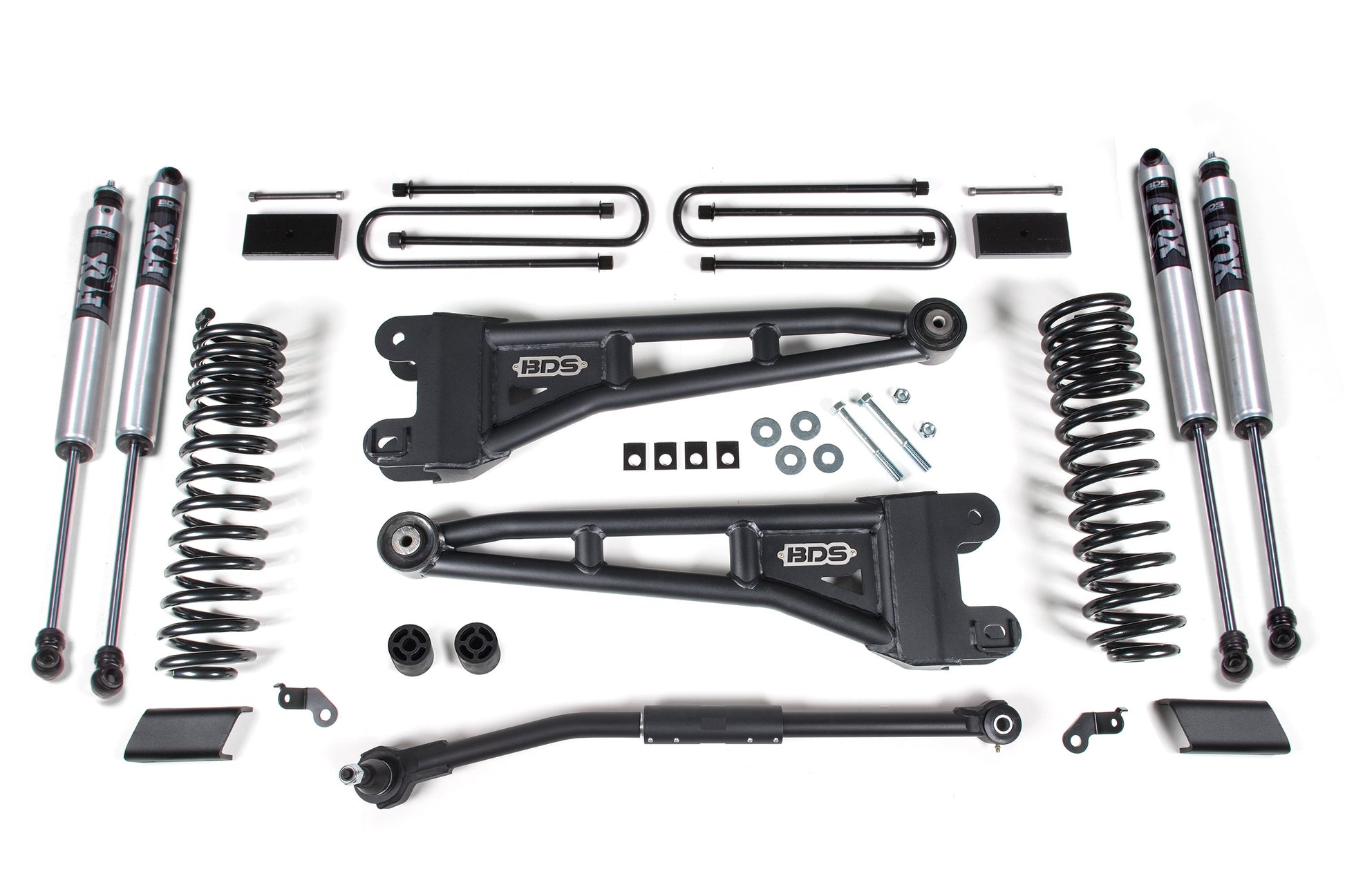 This image showcases a BDS 3 Inch Lift Kit W/ Radius Arm for the 2023 Ford F250/F350 Super Duty (4WD) spread out on a white background, featuring shock absorbers, coil springs, control arms, bolts, brackets, and additional hardware. All parts are symmetrically arranged with black and metallic finishes.