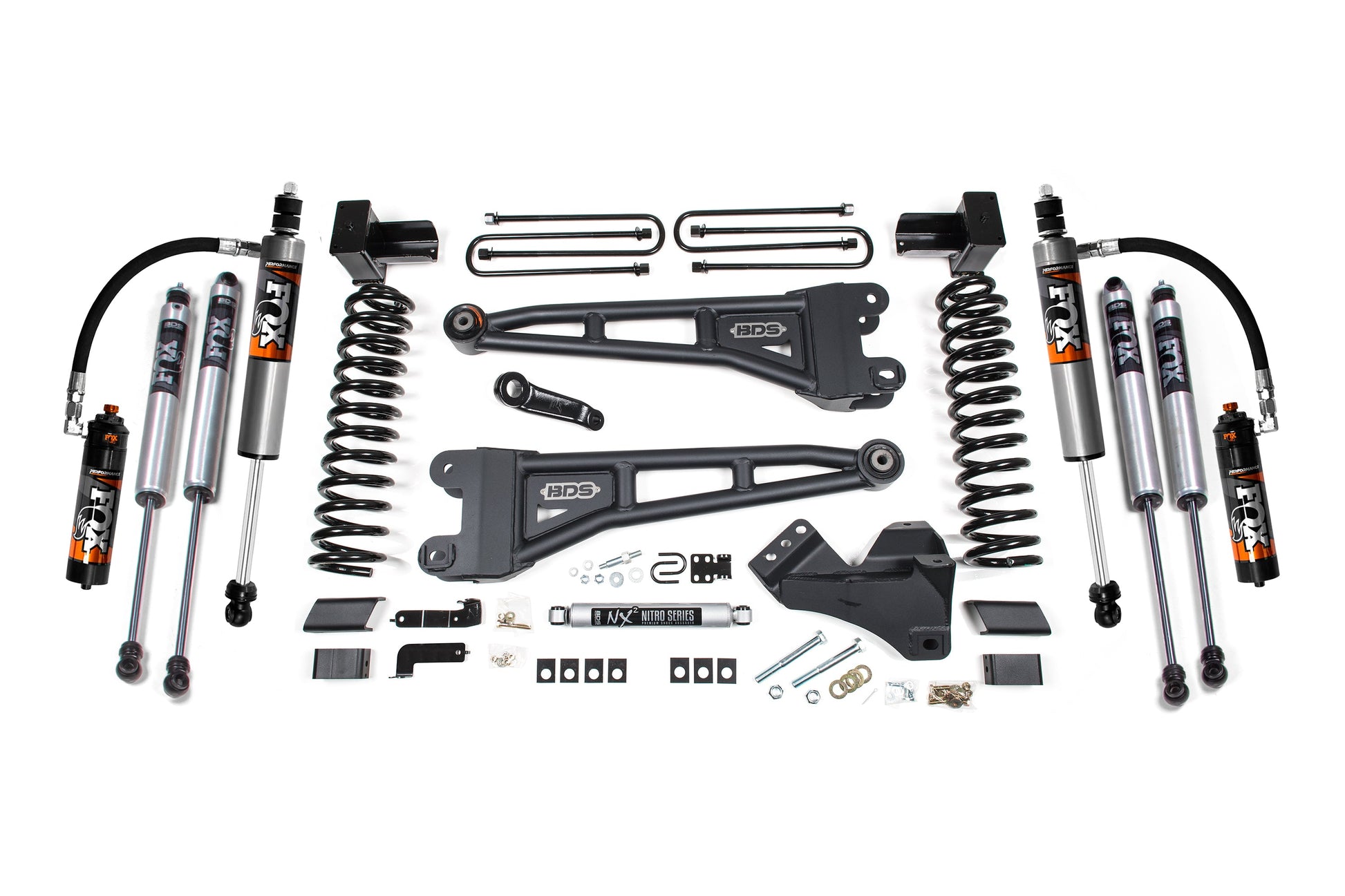 A 5 Inch Lift Kit with Radius Arm, ideal for a Ford F250/F350 Super Duty (2023) 4WD Diesel, is neatly arranged on a white background. The set includes BDS coil springs, FOX Performance Elite 2.5 Coil-Over Conversion shocks, control arms, U-bolts, and various mounting hardware components. Each item is clearly visible and positioned for easy identification.