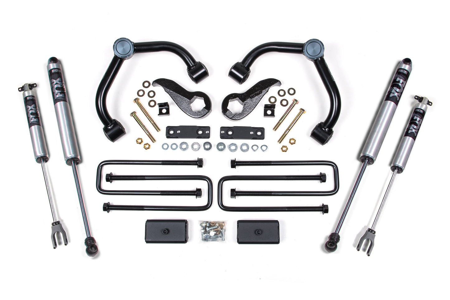 The BDS 3 Inch Lift Kit for the Chevy Silverado or GMC Sierra 2500HD/3500HD (20-24) is showcased, including FOX 2.0 Performance shocks, control arms, spacers, bolts, and other components neatly arranged against a white background.