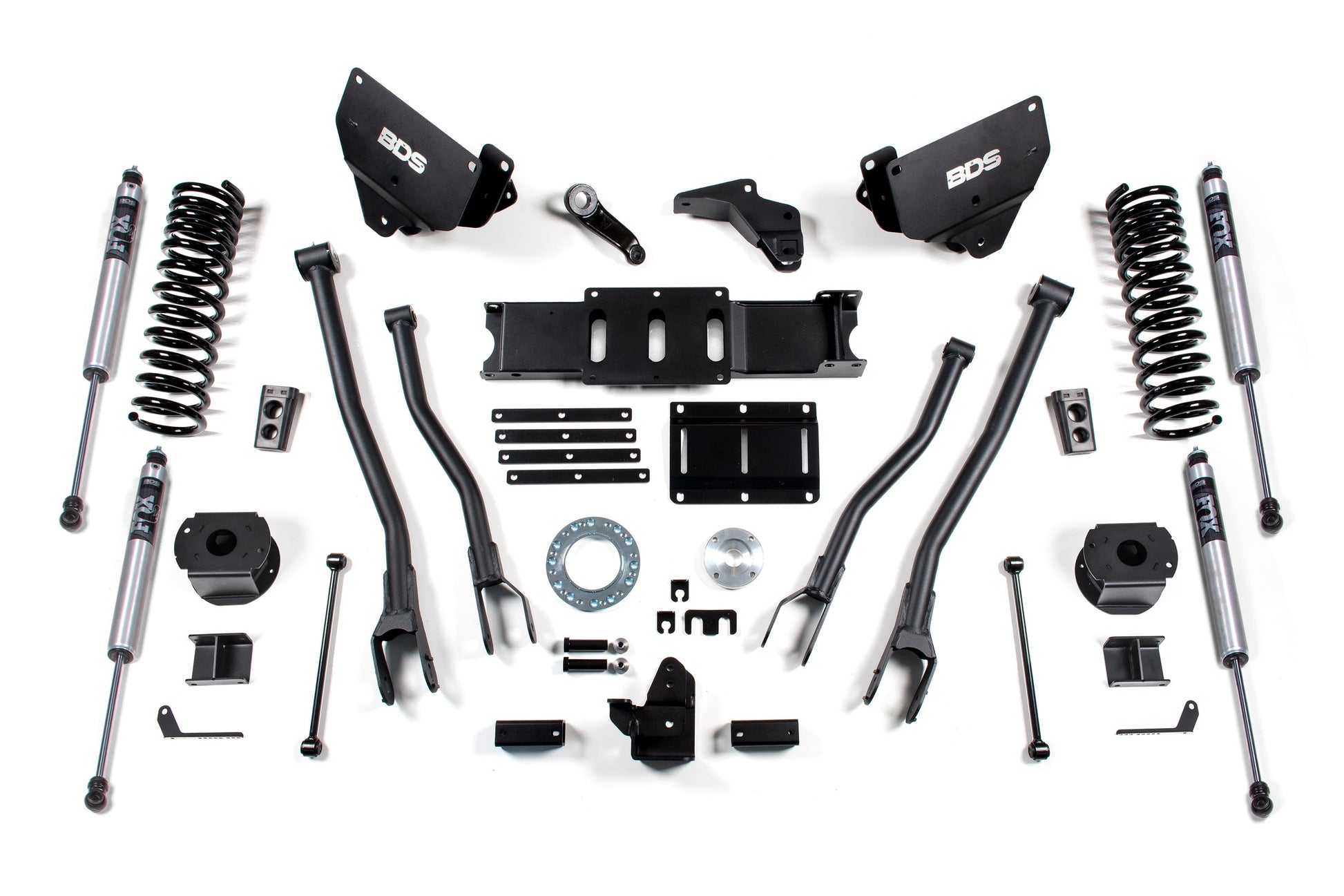 Image of a disassembled BDS 6 Inch Lift Kit with 4-Link for Ram 2500 (2014-2018) Diesel models with Rear Air Ride, featuring Pro-Ride coil springs, shock absorbers, control arms, brackets, and various other components laid out on a white background.