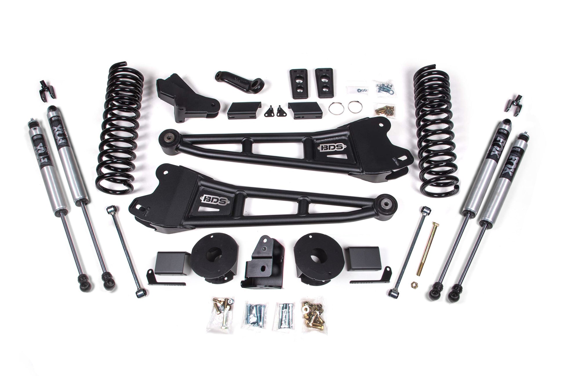 The 4 Inch Lift Kit with Radius Arm for the RAM 2500 (2014-2018) 4WD with Rear Air Ride, Gas model by BDS includes a comprehensive set of suspension components such as coil springs, shock absorbers, control arms, spacers, bolts, brackets, and various hardware pieces. Most parts are finished in black with some silver components and are displayed neatly on a white background.