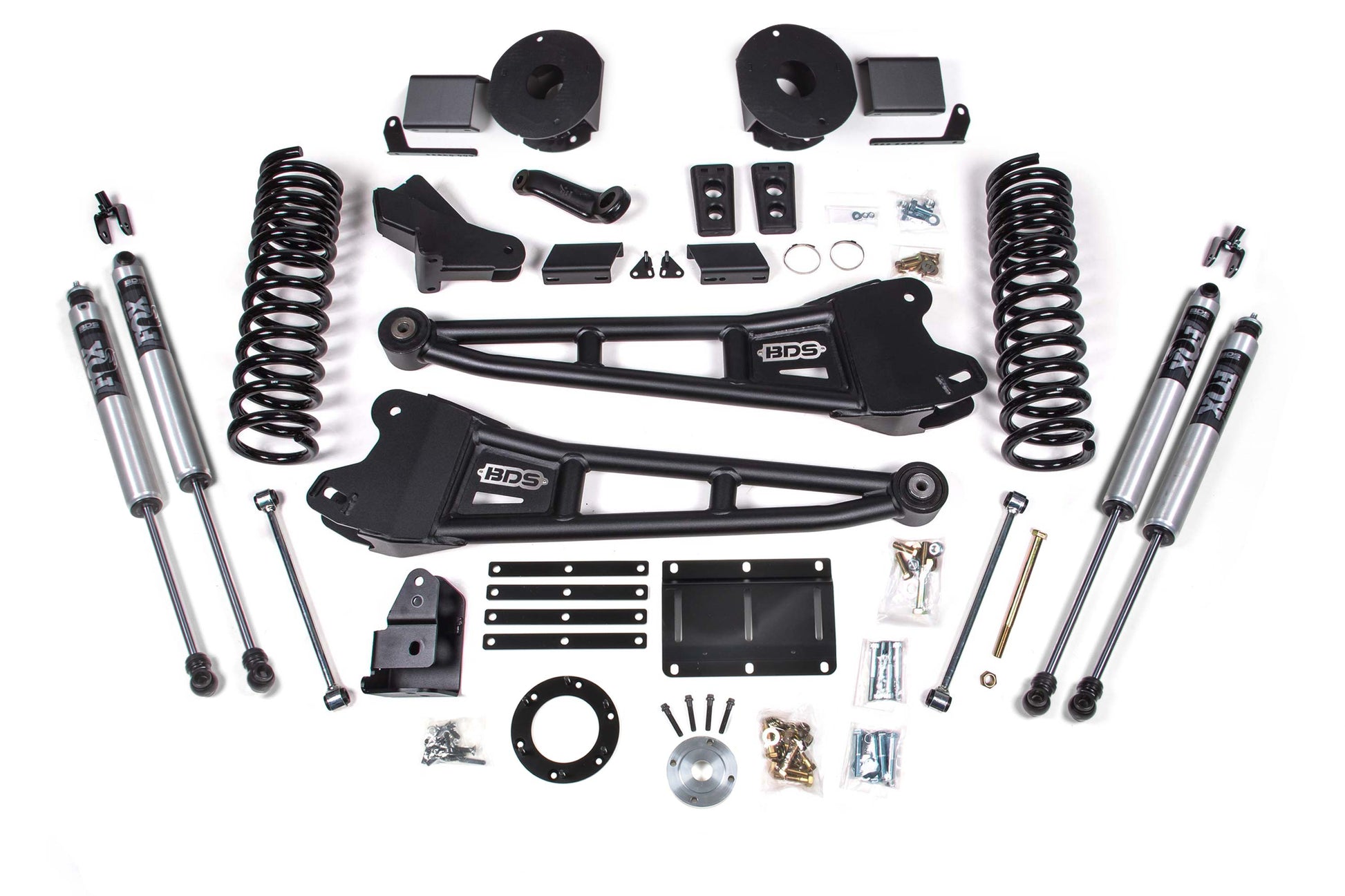 Against a white background, an array of black and silver automotive suspension components from BDS, including springs, shocks, control arms, brackets, and hardware, are symmetrically organized. These parts highlight all the included components of the 5.5 Inch Lift Kit with Radius Arm for a RAM 2500 (14-18) 4WD Gas with Rear Air Ride and 37" tires.