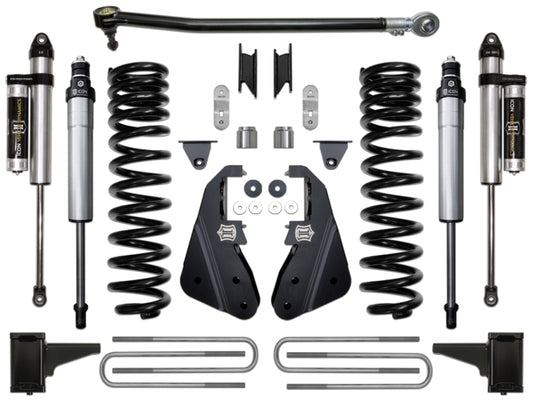 The ICON 2017+ Ford F-250/F-350 4.5in Stage 2 Suspension System, featuring shock absorbers, springs, brackets, and various mounting hardware, is symmetrically arranged on a white background.