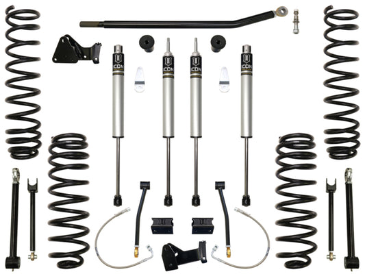 The ICON 07-18 Jeep Wrangler JK 4.5in Stage 1 Suspension System by ICON features dual-rate coil springs and 2.0 Aluminum Series IFP shocks, all symmetrically arranged with mounting hardware on a white background.