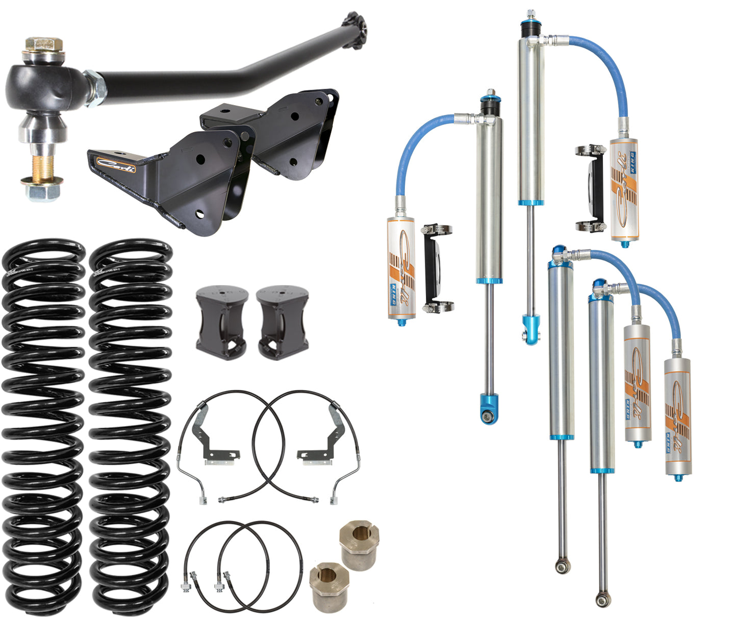 The Carli Suspension 23+ Ford F-250/F-350 (4WD) DIESEL 5.5" PINTOP SYSTEM is a complete Suspension Lift Kit that includes key automotive components such as shock absorbers, coil springs, a track bar, and connecting hoses. Enhanced with Remote Reservoir Shocks for superior performance, the kit is elegantly displayed on a white background.