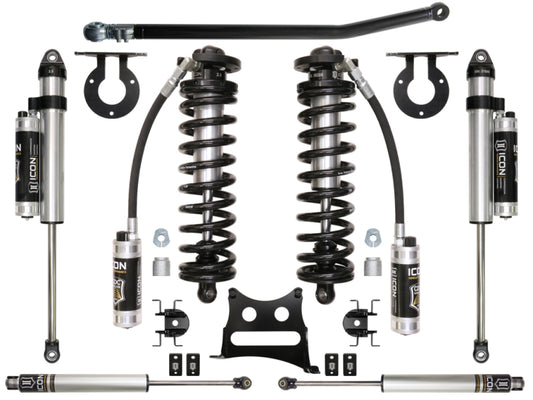 The ICON 05-16 Ford F-250/F-350 2.5-3in Stage 4 Coilover Conversion System offers a symmetric assembly of shock absorbers and suspension components, ideal for F-250 and F-350 trucks. This setup includes coil springs, shocks with a remote reservoir, mounts, and hardware in metallic hues accented by black and silver tones.