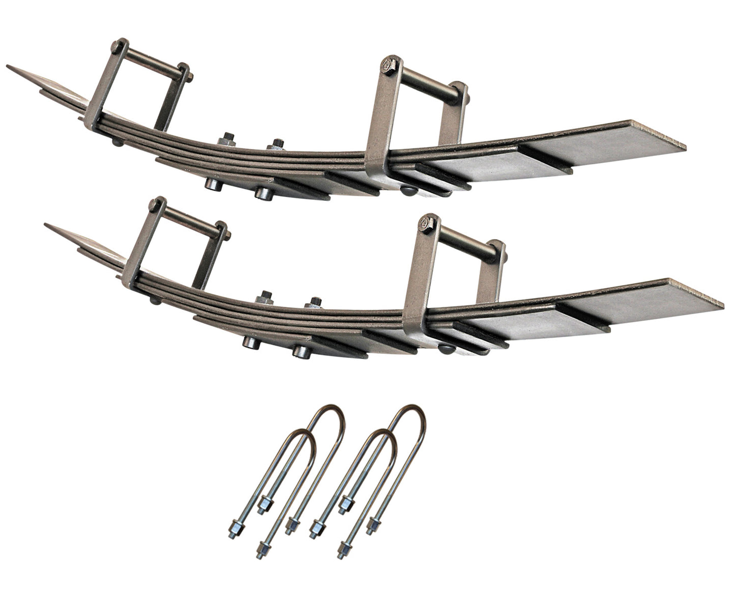 Displayed are two metal leaf springs, each comprising multiple stacked leaves and mounting brackets that are perfect for Ram 2500/3500 diesel trucks. Below them are three U-bolts designed to secure the springs to vehicle axles. This arrangement provides a 3" rear lift with a progressive add-a-pack design against a plain white background. The setup is part of the Carli Suspension's "03-13 Dodge RAM 2500/3500 (4WD) Progressive Add-a-Pack-3" Lift".